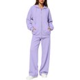 thumbnail image 5 of Women's Sweatsuit 2 Piece Outfit Long Sleeve Full Zip Hooded Jacket with Drawstring Wide Leg Pants Relaxed Fit Casual Lounge Wear Tracksuit Set for Fall Winter Daily Light Purple L, 5 of 6