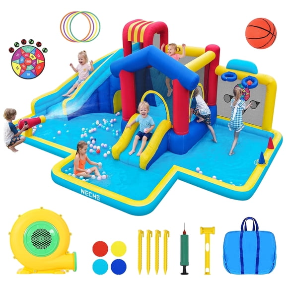Neche  Giant Inflatable Water Slide Bounce House, 215.35"×141.73"×78.74", 550W Blower, Outdoor Backyard, holds up to 4 Kids 3-8, Max Weight 396lbs