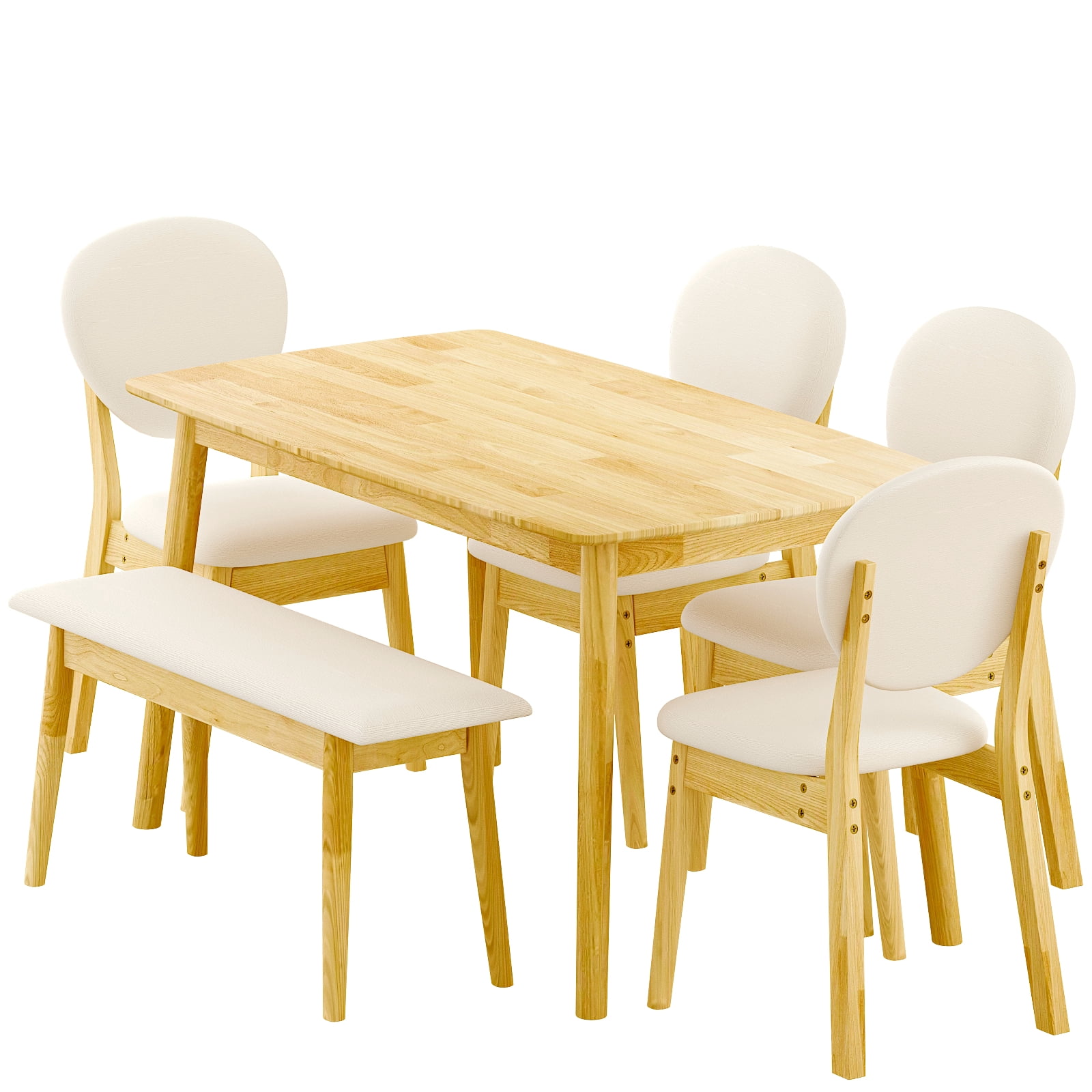 Ktaxon Solid Wood Dining Table Set for 6, Mid-Century Dining Room Table with 4 Padded Chairs & Bench, 47.3" Dining Room Set for 4~6 Family Use, Natural Wood
