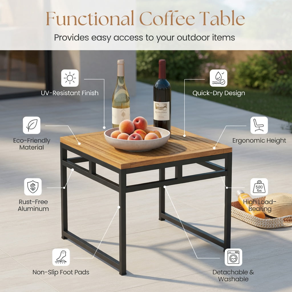 Hommoo 3-Piece L-Shaped Outdoor Patio Furniture Set, Cushioned Acacia Wood Loveseat & Lounge Sofa with Coffee Table for Porch, Backyard, Poolside, Brown