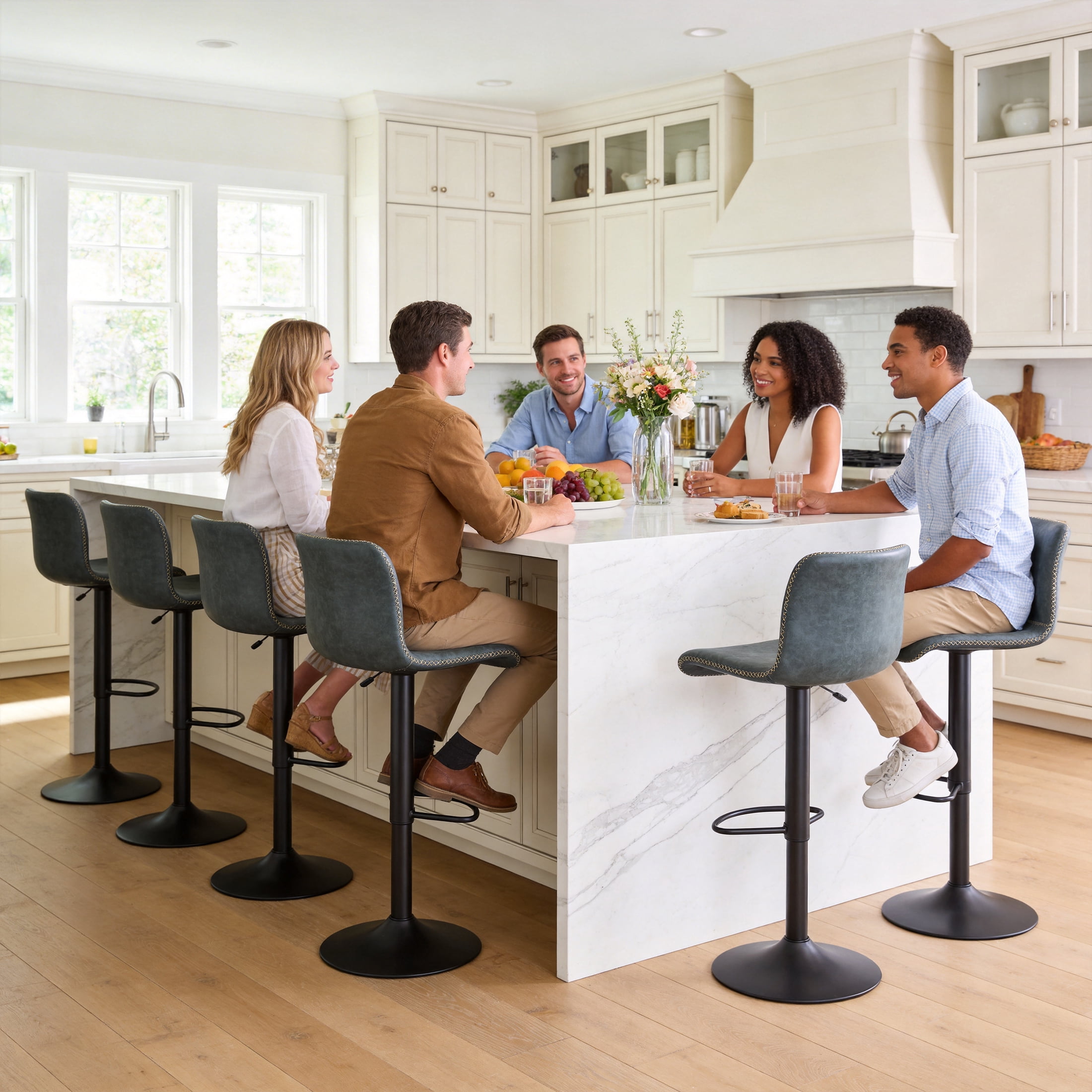 FIRAVOE Bar Stools Set of 6, Swivel Bar Height Bar Stools with Ergonomic Back, Adjustable Barstools 24" to 32", Faux Leather Bar Chairs for Kitchen Island, Green