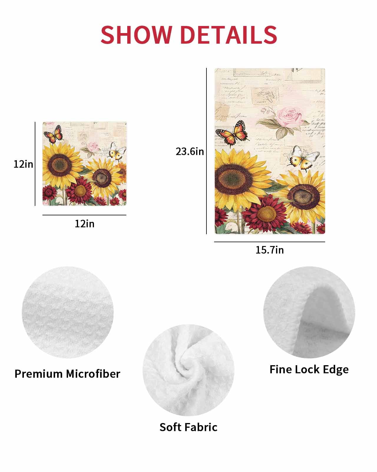 Sunflower Dish Towels Set, Waffle Weave Kitchen Towels 4 Pieces, Farmhouse Rose Floral Vintage Butterfly Microfiber Hair Face Bath Tea Towel Absorbent Quick Drying Cleaning Dish Cloths 12"x12"