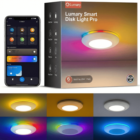 Lumary Smart Disk Light Pro 5/6 Inch LED Recessed Lighting RGBAI Color Changing WiFi Flush Mount 1 Pack