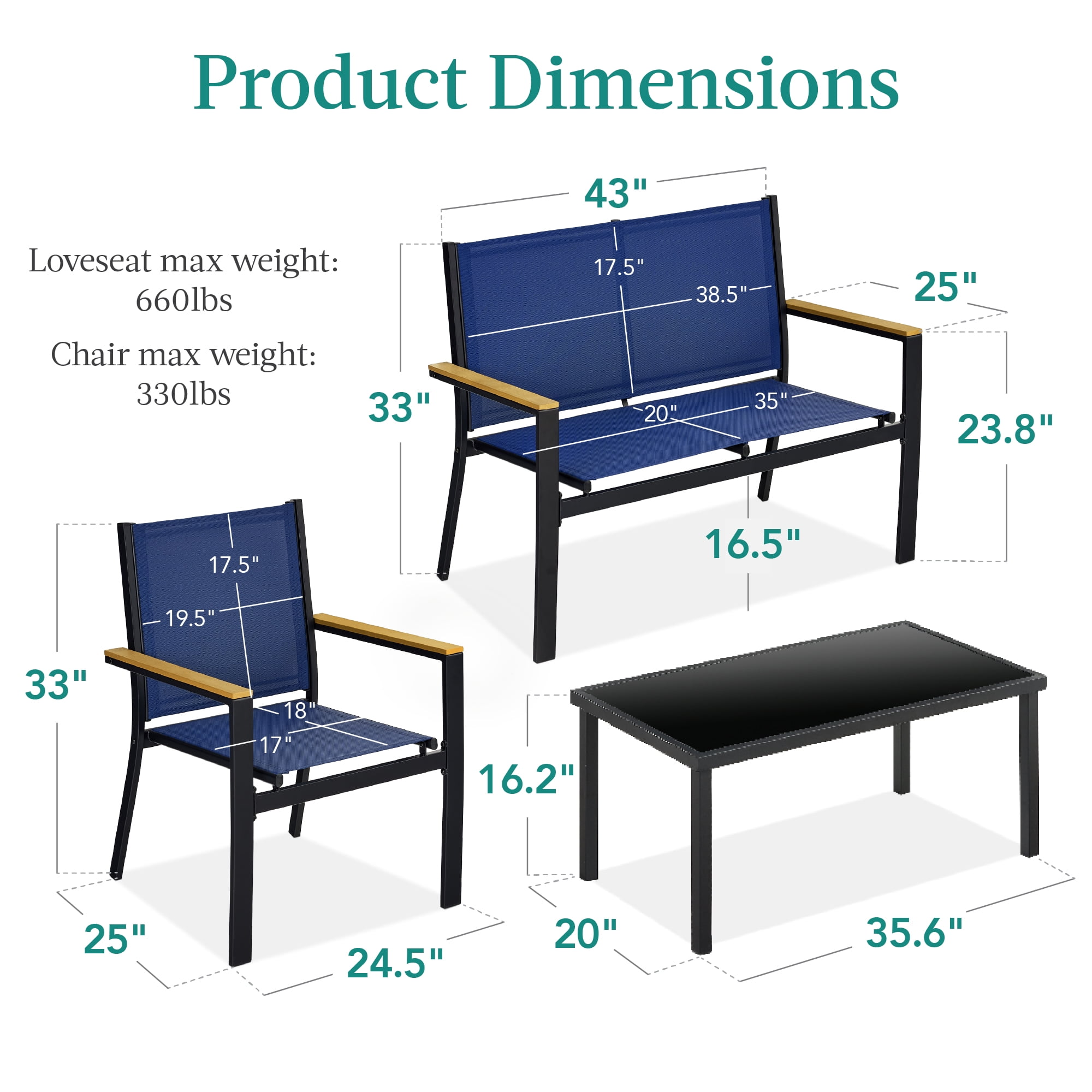 Best Choice Products 4-Piece Outdoor Textilene Patio Conversation Furniture Set w/ Loveseat, Table - Black/Navy