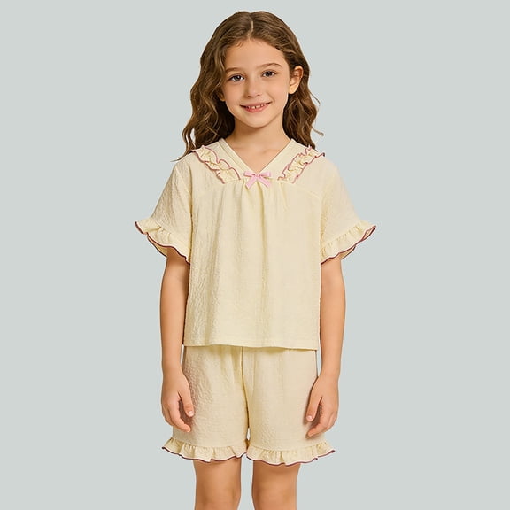 BOOMNY Girls 2 Peice Pajamas Sets Soft Short Sleeve Sleepwear Tops Shorts Pjs Set for Kids Cozy Loungewear Homewear