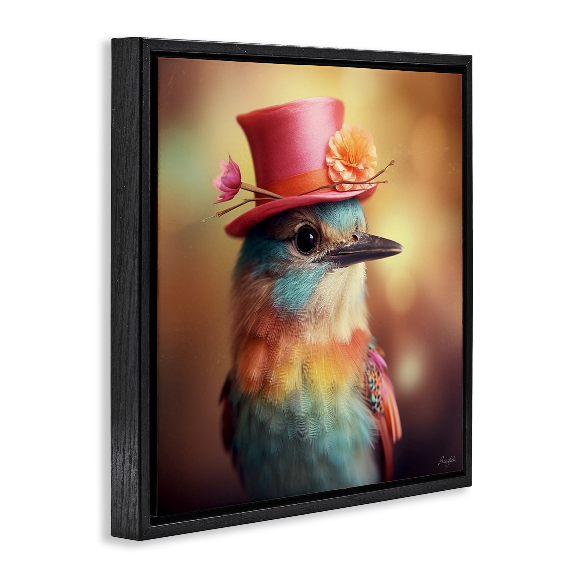 Stupell Industries Pastel Bird in Hat Animals & Insects Painting Black Floater Framed Canvas Art Print Wall Art, 18 x 18