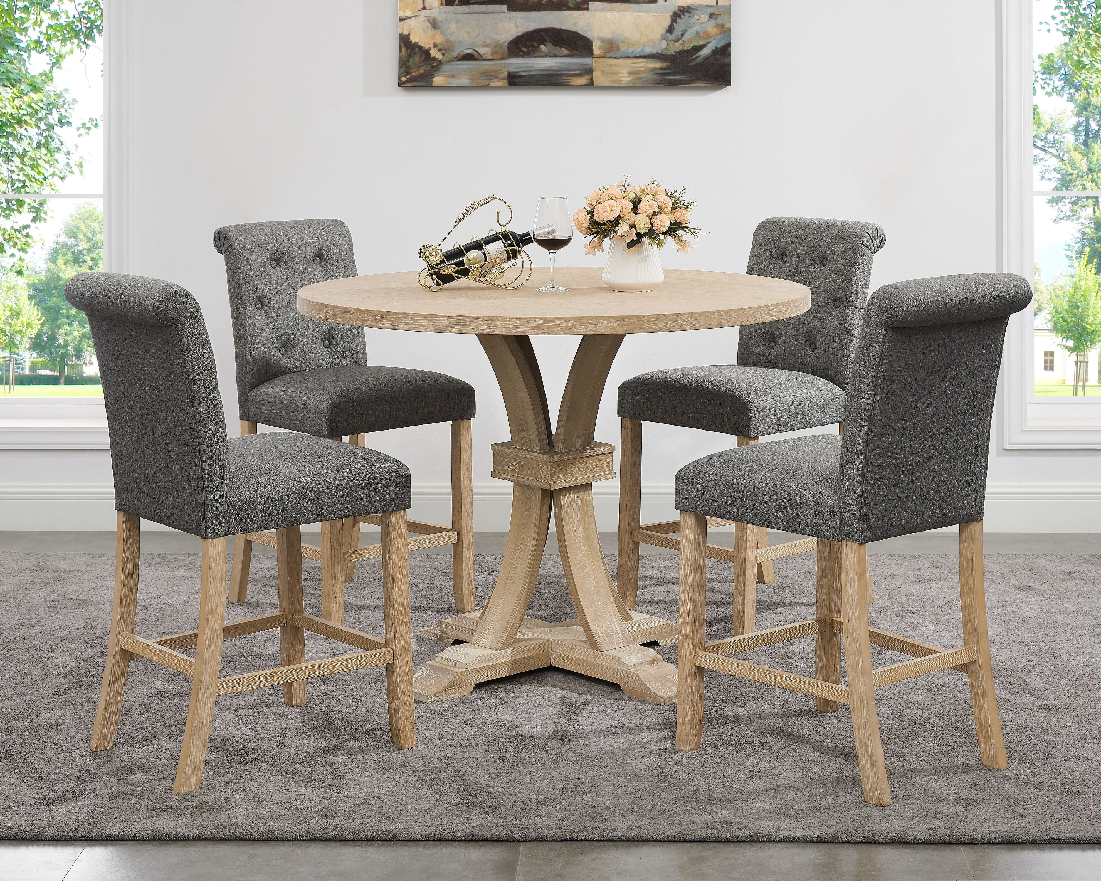 Round Table With Gray Chairs, White Washed Wood Dining Room Chairs