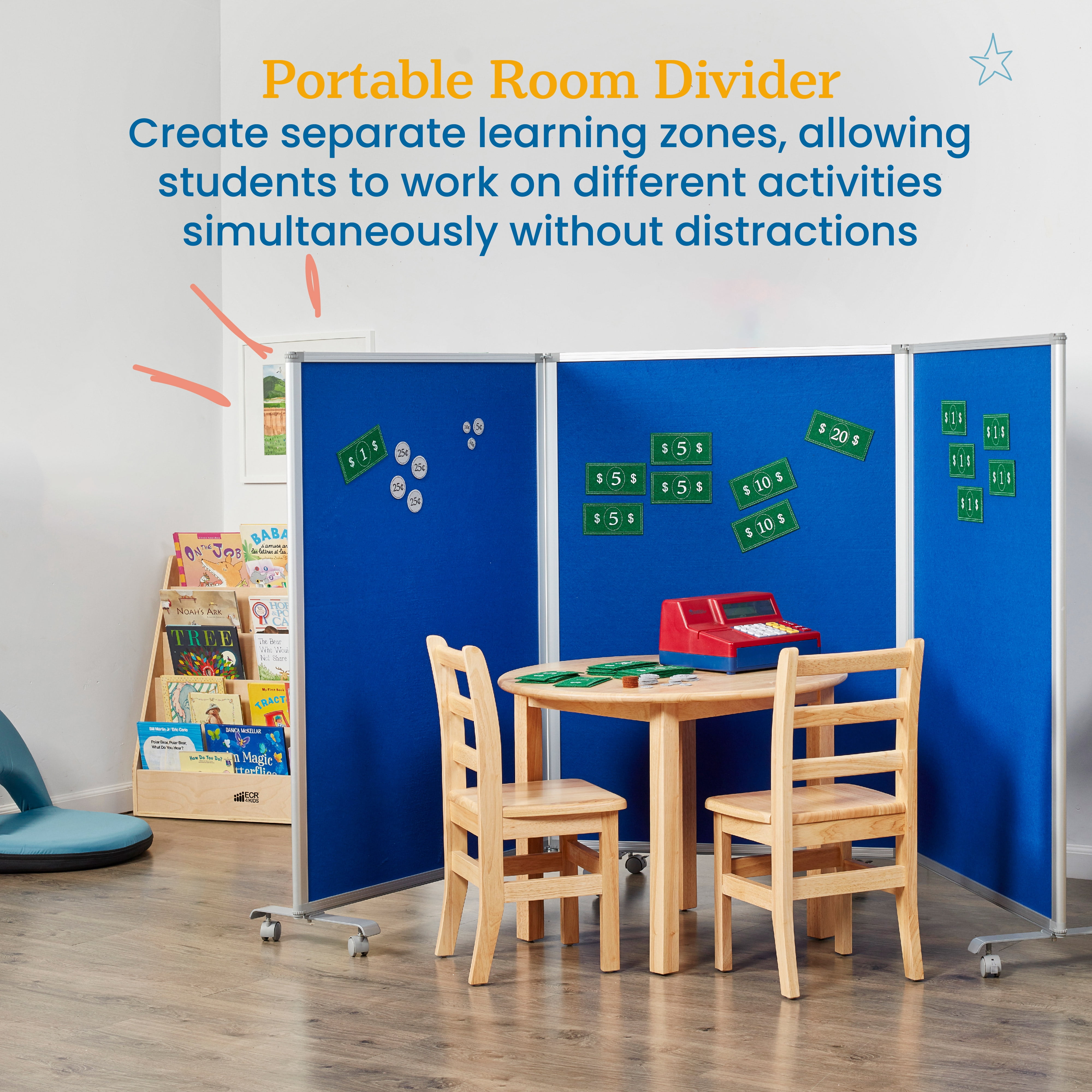 ECR4Kids Mobile Dry-Erase and Flannel Room Divider, 3-Panel, School Supplies, Blue