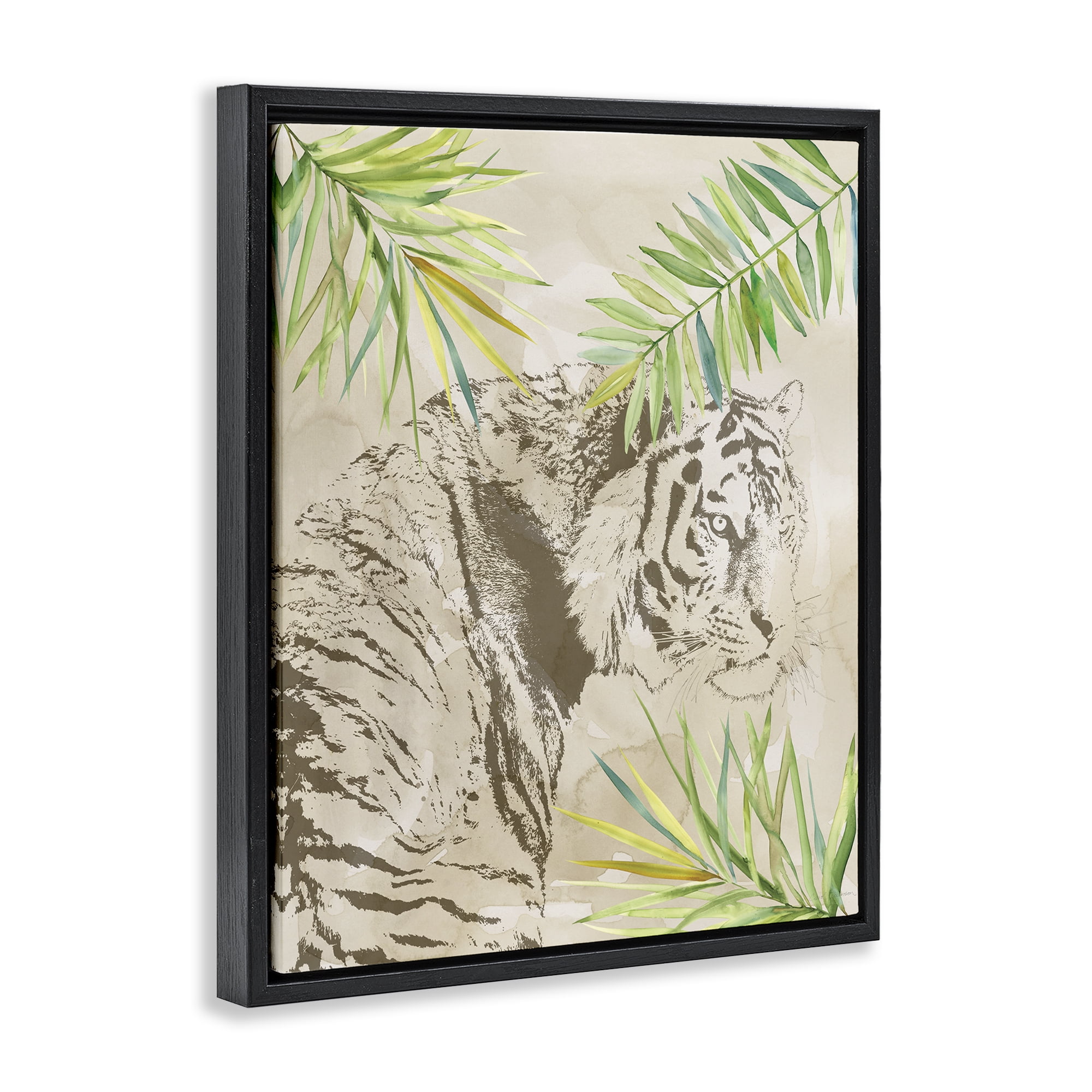 Stupell Industries Tiger Impression & Palms Animals Painting Black Floater Framed Canvas Art Print Wall Art, 17 x 21