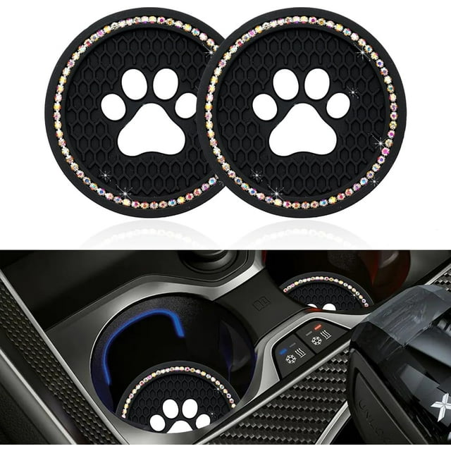 Yazoeia Bling Paw Car Cup Holder Coaster, 2 PCS Non-Slip Auto Cup Coasters, Shiny Crystal Rhinestone Insert Decorative Cup Mat, Universal Vehicle Interior Accessories for Most Cars (Black