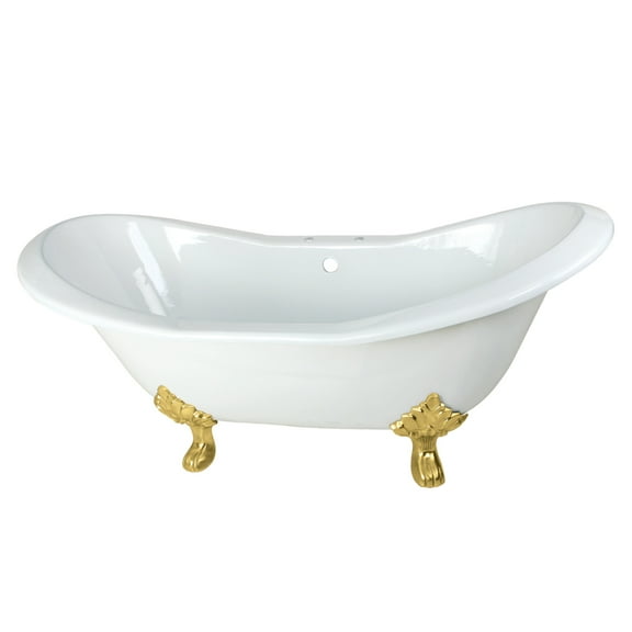 Aqua Eden VCT7D7231NC2 72-Inch Cast Iron Oval Double Slipper Clawfoot Tub (7-Inch Faucet Drillings) in White/Polished Brass