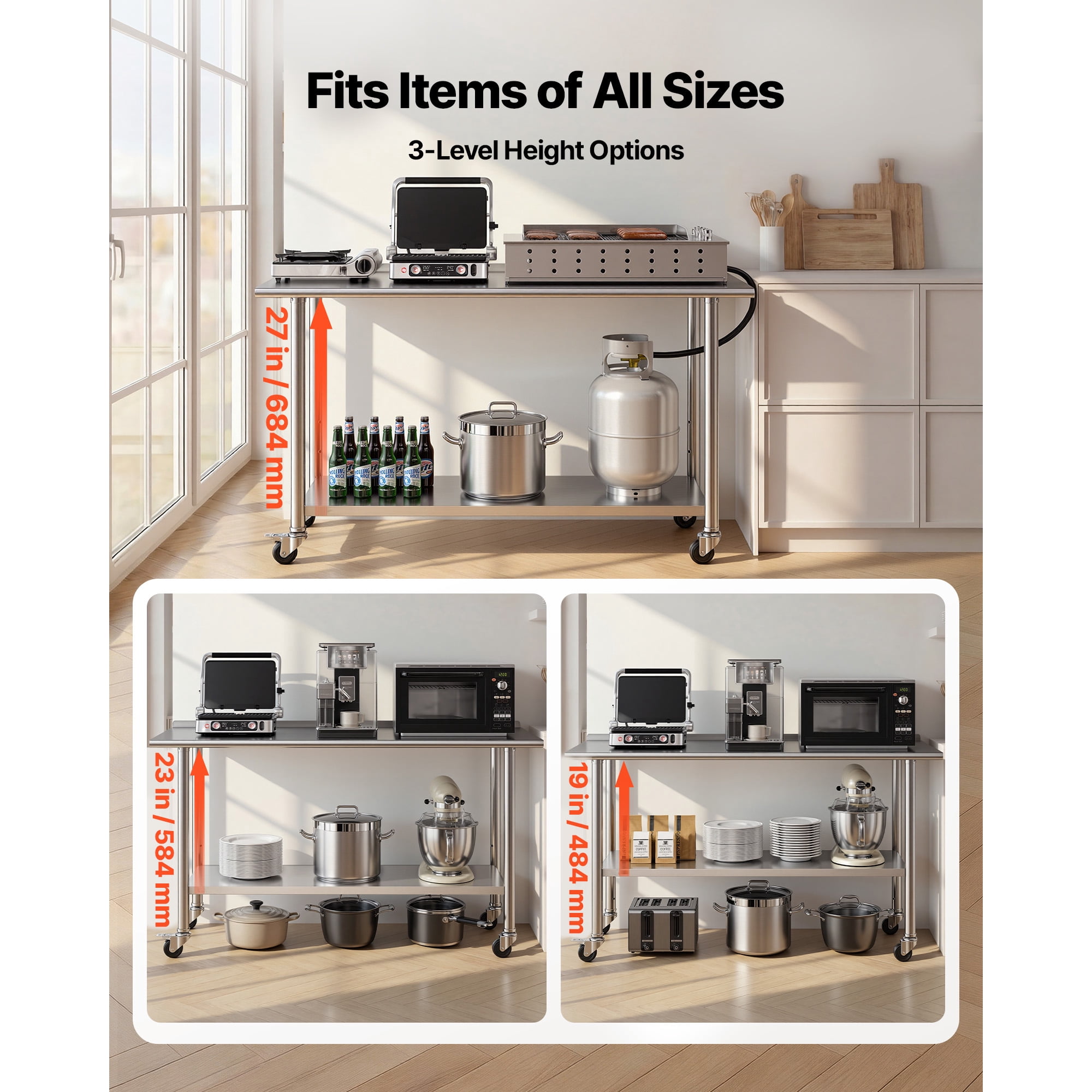 KFFKFF Stainless Steel Work Table, 24x60 inch Food Prep Station with Wheels and Backsplash, Adjustable Undershelf Metal Worktable for Kitchen, Home, Restaurant, or Outdoor Use