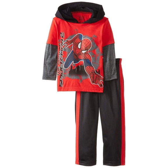 Marvel Little Boys' Spiderman 2 Piece Hooded Top and Pant, Chinese Red, 2T