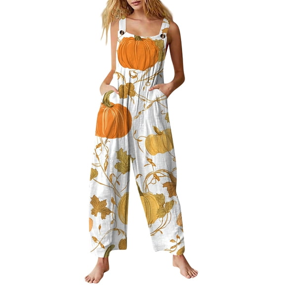 Stralyhd Bat Print Jumpsuits for Women Halloween Holiday Square Neck Jumpsuit Festival Gathering Jumpsuits with Pockets Scary Pumpkin Pattern Long Pants Khaki M