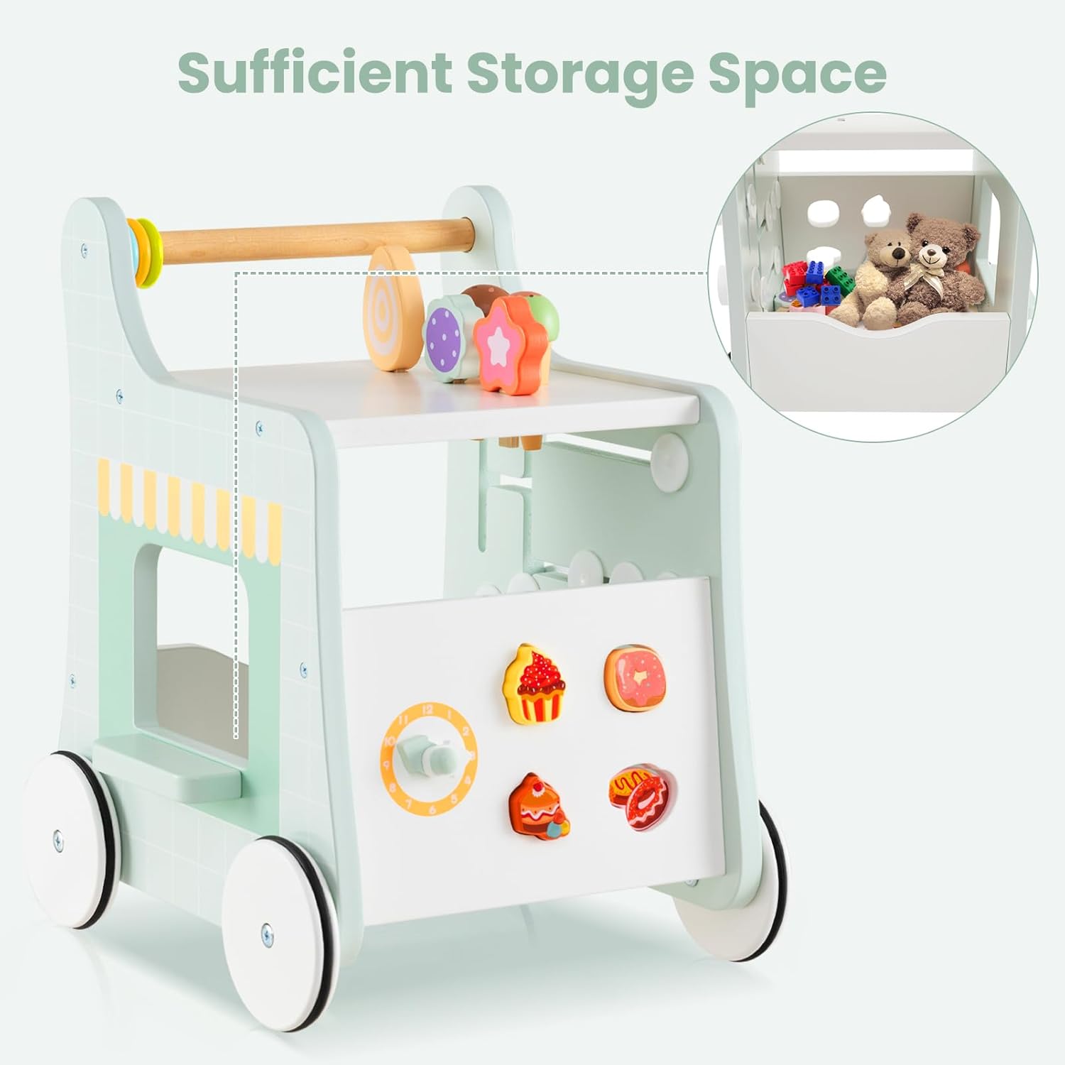 INFANS 6 in 1 Wooden Baby Walker, Play Kitchen Playset, Toddler Push Learning Activity with Wheels Shape Sorter Movable Slider, Montessori Educational Toy for Girls Boys 1-3 Years