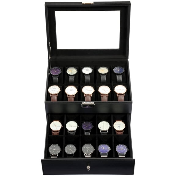 Vowella 20-Slot Watch Box with Drawer for Men and Women, Luxury PU Leather Watch Display Case with Glass Top & Velvet Lining, Black