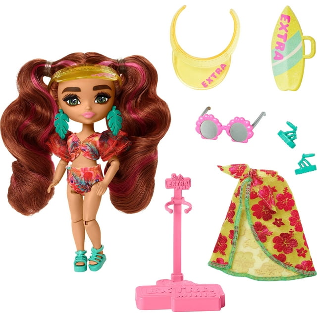 Barbie Extra Fly Minis Travel Doll, Beach Look with Pink-Streaked Pigtails in Swimsuit, Sarong & Accessories