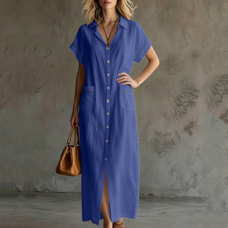 maxi dress shirt with slits CHUMUD Summer Dresses for Women Short Sleeve Collared Button-Down Shirt  Maxi Dress with Side Slit Casual
