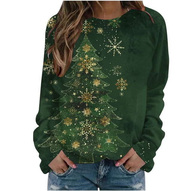 Staron Chandails de Noël pour Femmes à Manches Longues T-Shirt Sapin de Noël Col Rond Mode Décontractée Chandail Doux Grande Taille Hauts Laids Blouse Cadeaux pour Amies pour Femmes