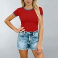 thumbnail image 2 of ZHYou Women's Short Sleeve Shirts Crew Neck Color Block T Shirts Summer Slim Fit Basic Tee Tops Red S, 2 of 5