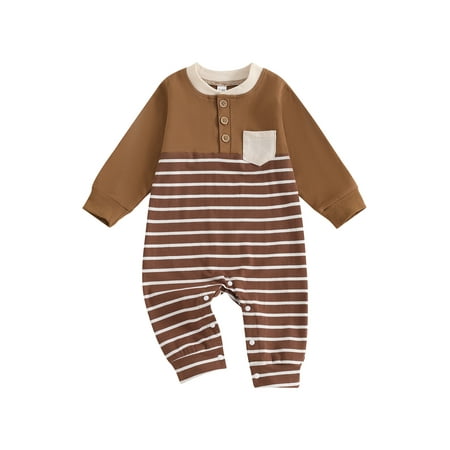 

FeMereina Baby Boys Rompers Stripe Contrast Color Buttons Fall Bodysuits