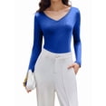 thumbnail image 1 of Womens Long Sleeve V Neck Ribbed Knit Fitted Casual Tops Tee Slim Basic Shirt Blue S, 1 of 7