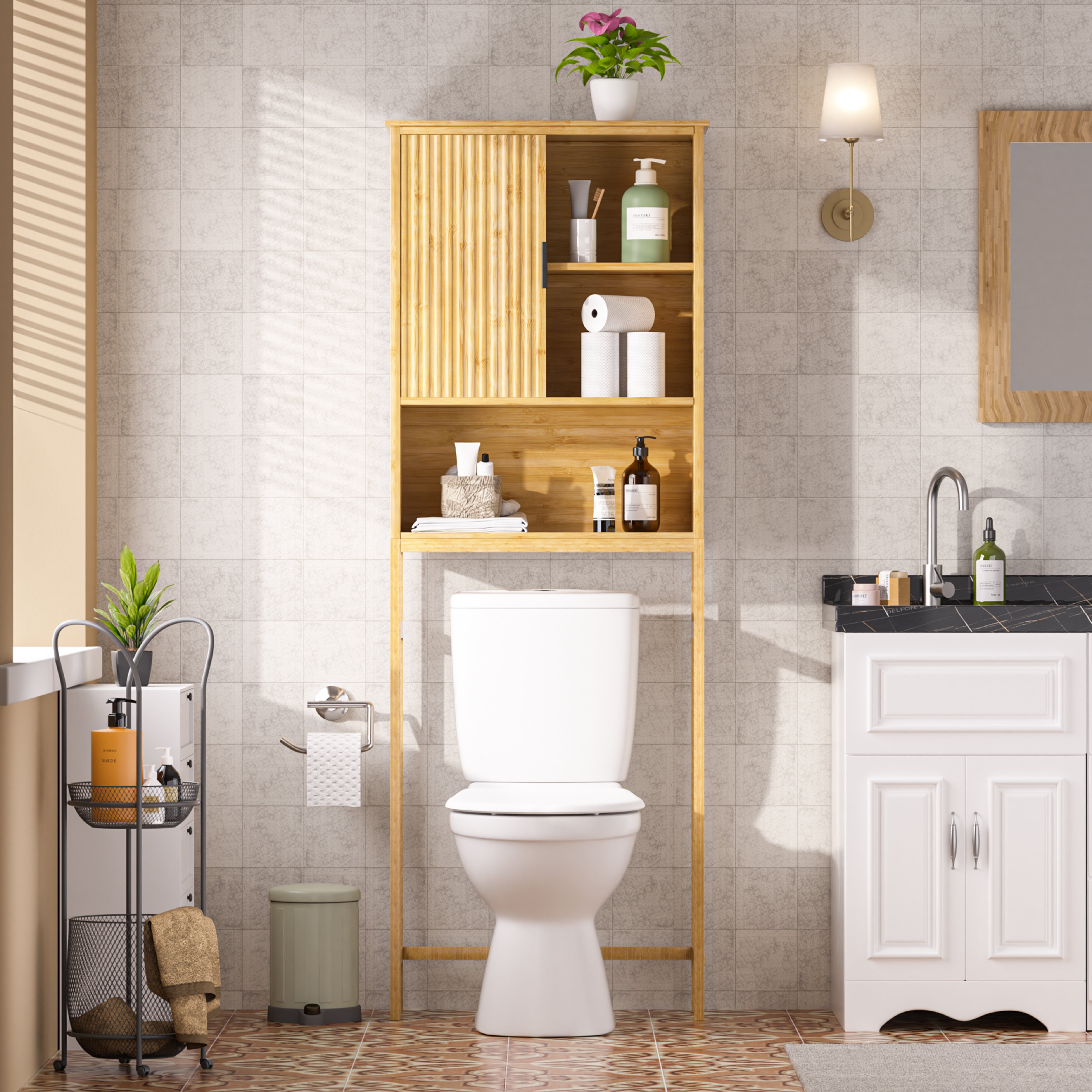 VEIKOUS Bamboo Fluted Over-The-Toilet Storage Cabinet Space Saving Bathroom Organizer w/ Shelves and Cupboard, Natural