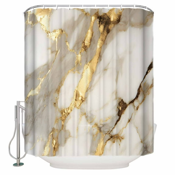 Minimalism Shower Curtain, 72" x 72", Marble Texture Gold White Crack Stone Abstract Art Waterproof Bathroom Curtain Washable Shower Curtain Set with 12 Hooks