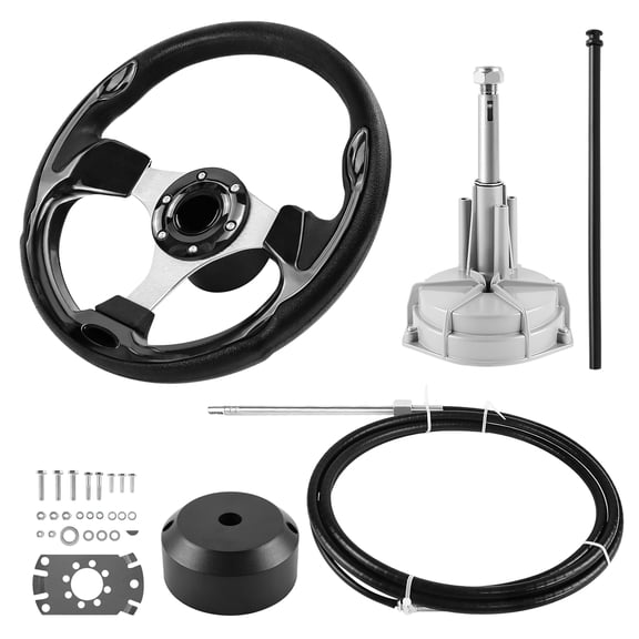 LOSCHEN Boats Steering System, 12ft Cable Outboard Steering Kit 3/4" Standard Tapered Shaft, Boat Steering Control Cable for Yachts, Fishing Boats and Other Watercraft - with Steering Wheel