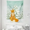 thumbnail image 1 of Fox Tapestry, Red Fox Sitting in Winter Forest Snow Covered Pine Trees Xmas Cartoon, Wall Hanging for Bedroom Living Room Dorm Decor, 60W X 80L Inches, Orange White Almond Green, by Ambesonne, 1 of 2
