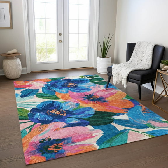 Addison Rugs Chantille Indoor/Outdoor Transitional Floral Navy Washable Rectangle Rug, 10' x 14'