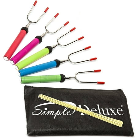 - Simple Deluxe Marshmallow Roasting Sticks Set of 5 Telescoping Skewers & Hot Dog Forks 34 Inch with Wooden Handle - FREE Bag & 18 Bamboo Sticks