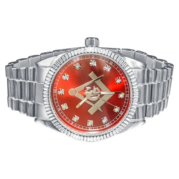 White Gold Tone Red Dial Solid Stainless Steel Back Silver Dial 40mm Freemason G Compass Masonic Metal Band Wrist Watch