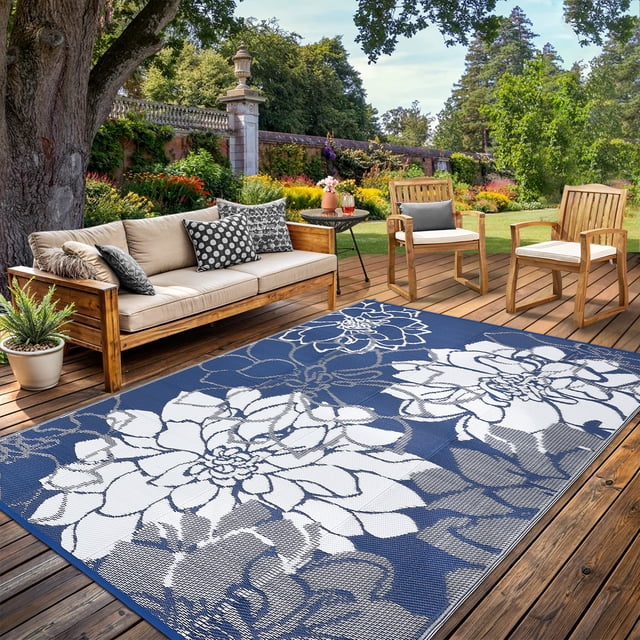 Garvee Waterproof Outdoor Rug 9'x18' Modern Floral Patio Carpet, Reversible Plastic Straw Rug Foldable RV Camping Mat with Stakes for Patio Balcony Deck Backyard, Dark Blue