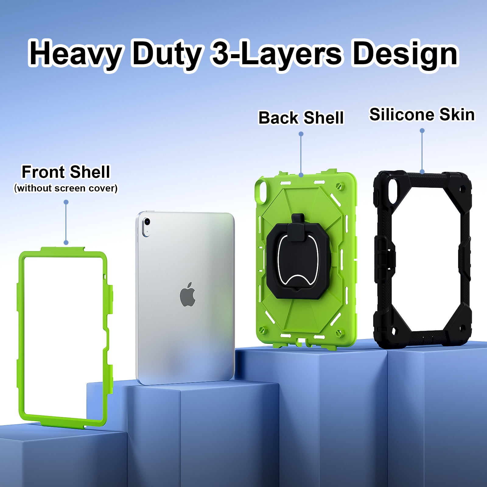 ELEHOLD Heavy Duty Case for  Apple iPad 11th(A16) 2025, 3-Layer Rugged 360 Rotating Kickstand Handle Grip Detachable Shoulder Strap Kids Friendly Shockproof Case for Apple iPad 11th, Black+Green