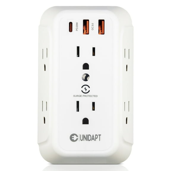 9-in-1 Outlet Extender with USB, 6 AC Ports, PD 20W USB-C – Fast Charges iPhone 3x Faster – 1800J Surge Protector – Compact 3-Sided Power Hub for Kitchen, Office, Bedroom & Travel (3.6" x 5.5")