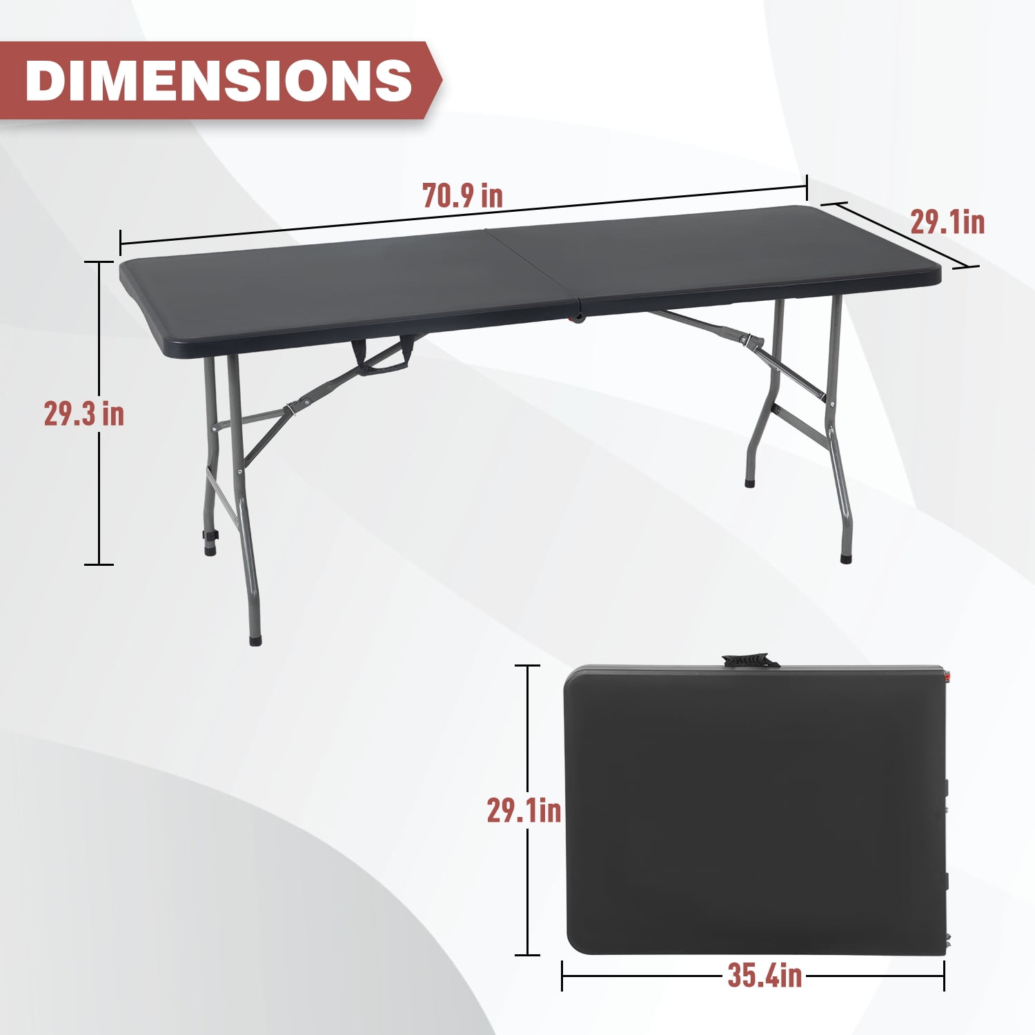 NiamVelo 6ft Folding Table Portable Plastic Indoor Outdoor Camping Dining Table with Carrying Handle, Black