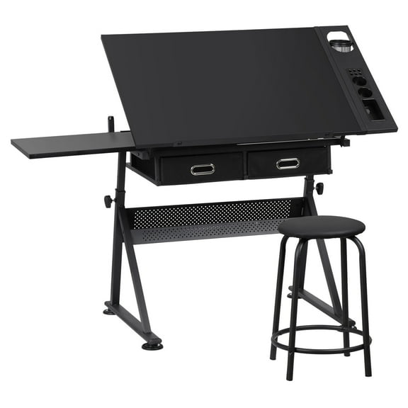 Adjustable Drafting Drawing Table 2 Drawers Tiltable Tabletop w/ Stool Black