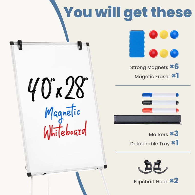 Gianna 40 x 28 Inches Magnetic White Board Dry Erase, Porbable Boards Height Adjustable, Dry Erase Board with Stand for School, Office and Home, Silver Aluminium Frame, White
