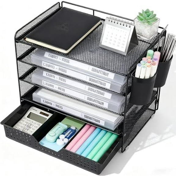 Desk Organizer and Accessories, 5-Tier Paper Letter Tray Organizer with Drawer & 2 Pen Holders for Desktop File Organization, Office Desk Accessories for Supplies Storage (Black)