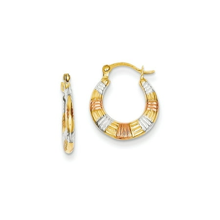 14k Yellow Gold & White and Rose Rhodium Hollow Textured 0.4IN Hoop Earrings (0.6IN x 0.5IN )
