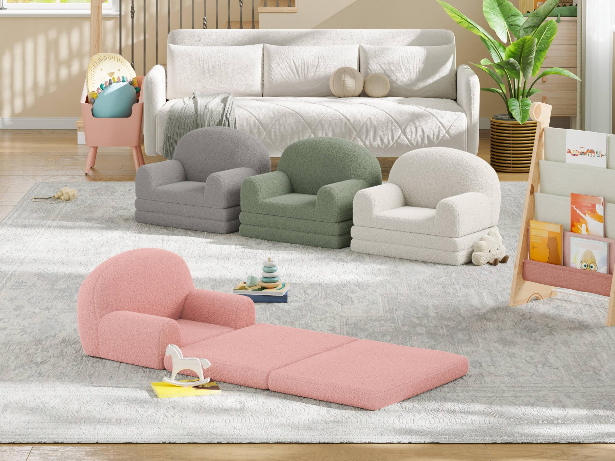 Luku Kids Convertible Sofa Chair – Soft Fold Out Toddler Couch Lounger, Washable Teddy Fleece, Comfy Kids Sofa Bed for Playroom or Nursery
