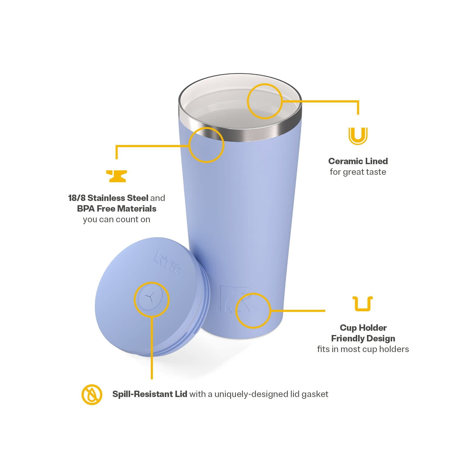 RTIC Everyday 20 oz Spill-Resistant Straw Lid Ceramic Lined Tumbler, Periwinkle