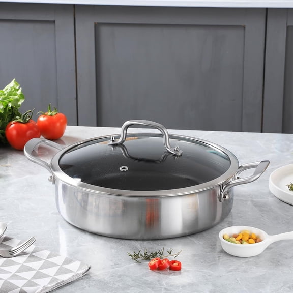 Tri-Ply Stainless Steel 7 Quarts Saute Pan, 12 Inch Nonstick Skillet with lids, Fast even Heat cookware, Hybird Large Frying Pan, 18/10 Chef's Cooking Pan, Induction Pan, Dishwasher and Oven Safe
