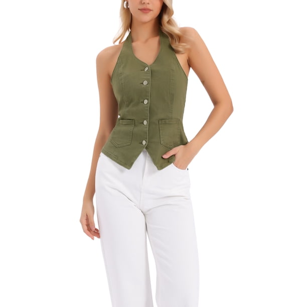 INSPIRE CHIC Chaleco de mezclilla para mujer, cuello halter, con botones, sin espalda, talla XL, verde ejército