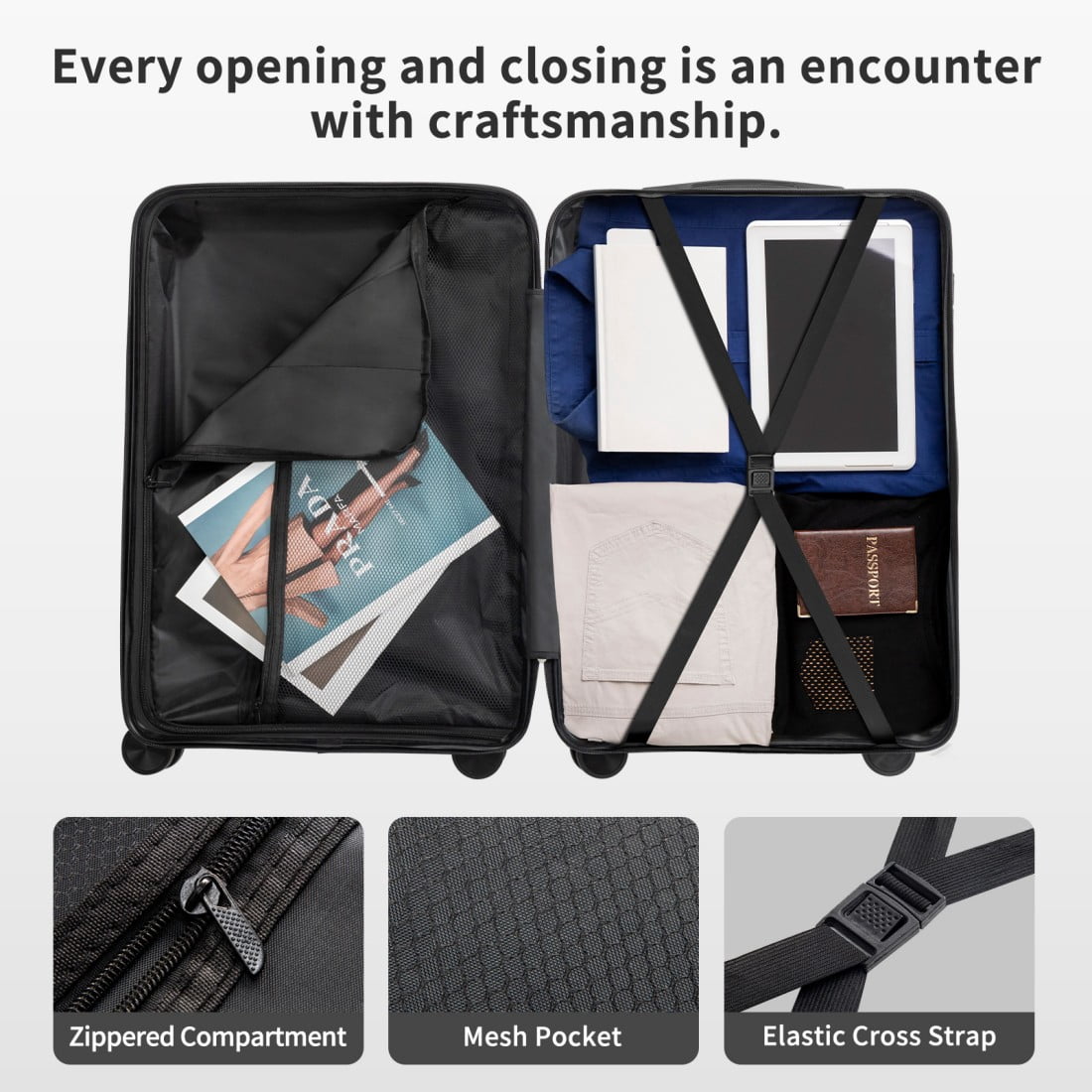 IVV 4 Piece Luggage Sets for Travel, Hardshell Suitcase with Spinner Wheels (16/20/24/28 Inch), Lightweight Carry On & Checked Luggage for Family Vacation (Black)