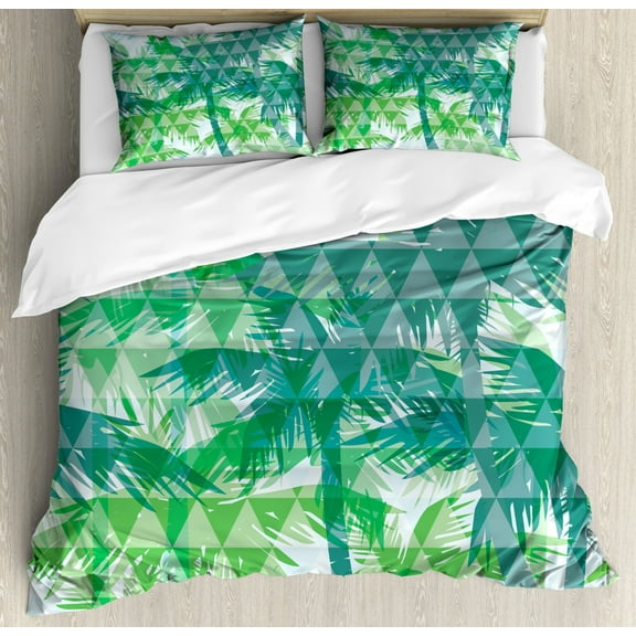 Geometric Forest King Size Duvet Cover Set, Exotic Palm Trees Hawaii Foliage with Grid Style Triangles, Decorative 3 Piece Bedding Set with 2 Pillow Shams, Green Sea Green Jade Green, by Ambesonne
