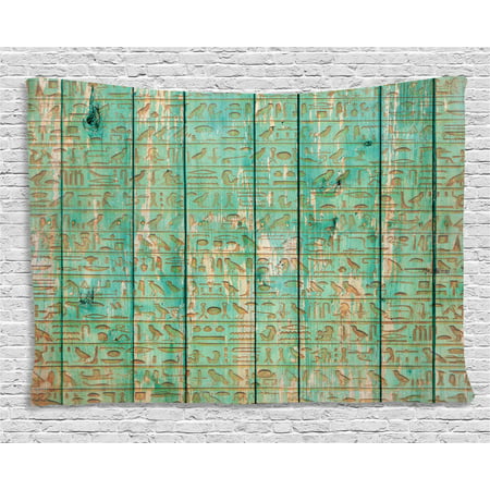 Egypt Decor Tapestry, Ancient Hyeroglyphs Icons on Wooden Board Mystic Egyptian Mummy Motherland Image, Wall Hanging for Bedroom Living Room Dorm Decor, 60W X 40L Inches, Seafoam, by