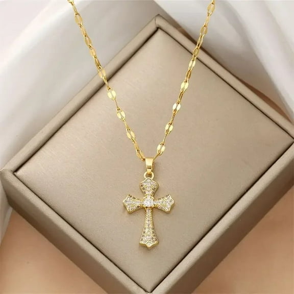 18K gold-plated chain fashionable and gorgeous full diamond cubic zirconia cross pendant women's necklace, romantic belief amulet jewelry gift