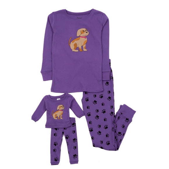 Pijama Leveret para niña y muñeca de algodón con forma de pata de perro, color morado